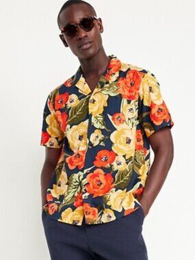 Old Navy Men's Navy Floral Button-Down Shirt with Red & Yellow Flowers